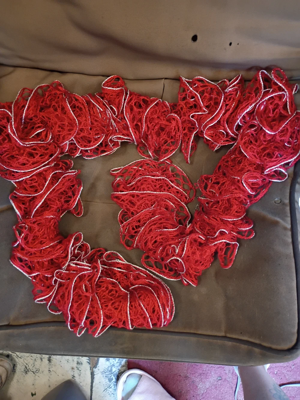 Ruffled Red Knit Scarf with Silver Trim - Women's Accessory